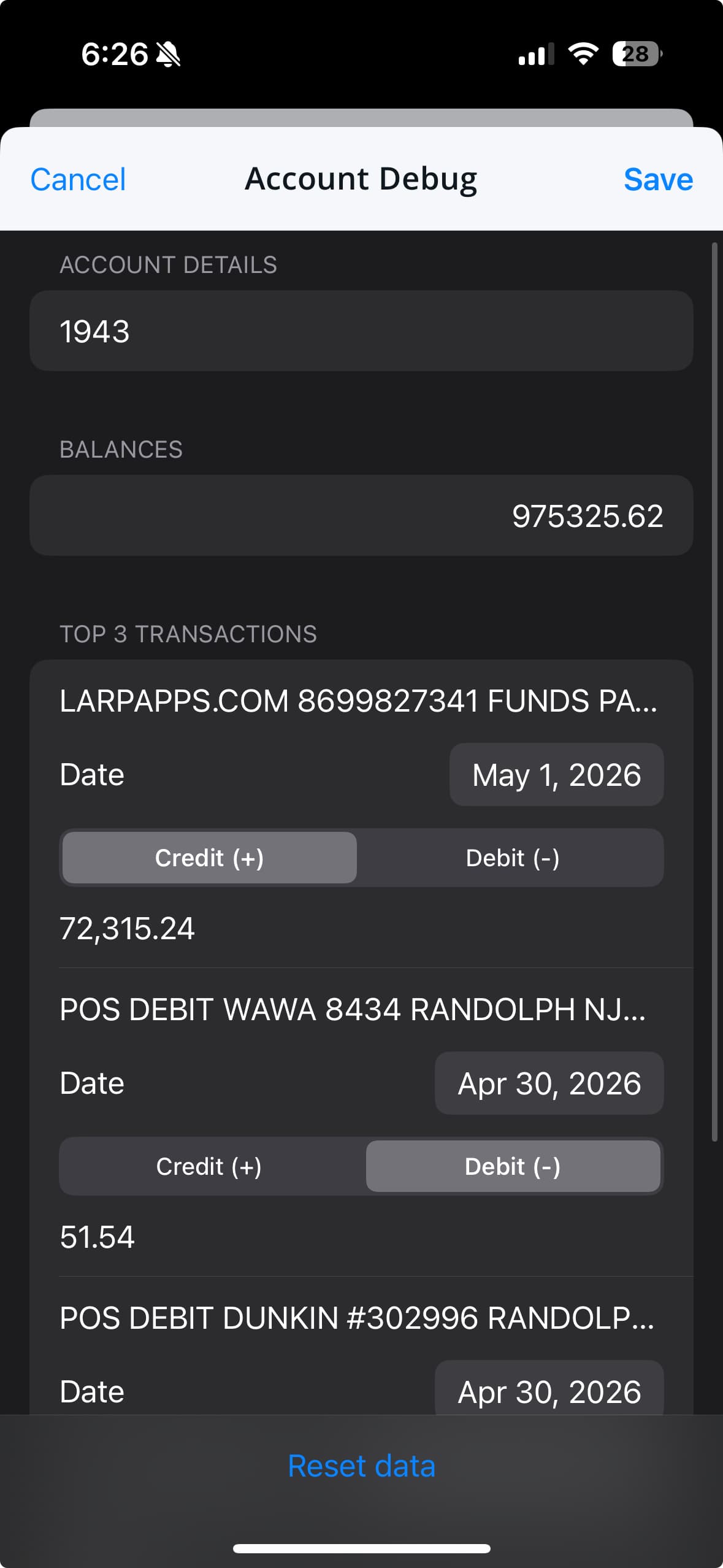 Chase account debug transaction editor screen preview