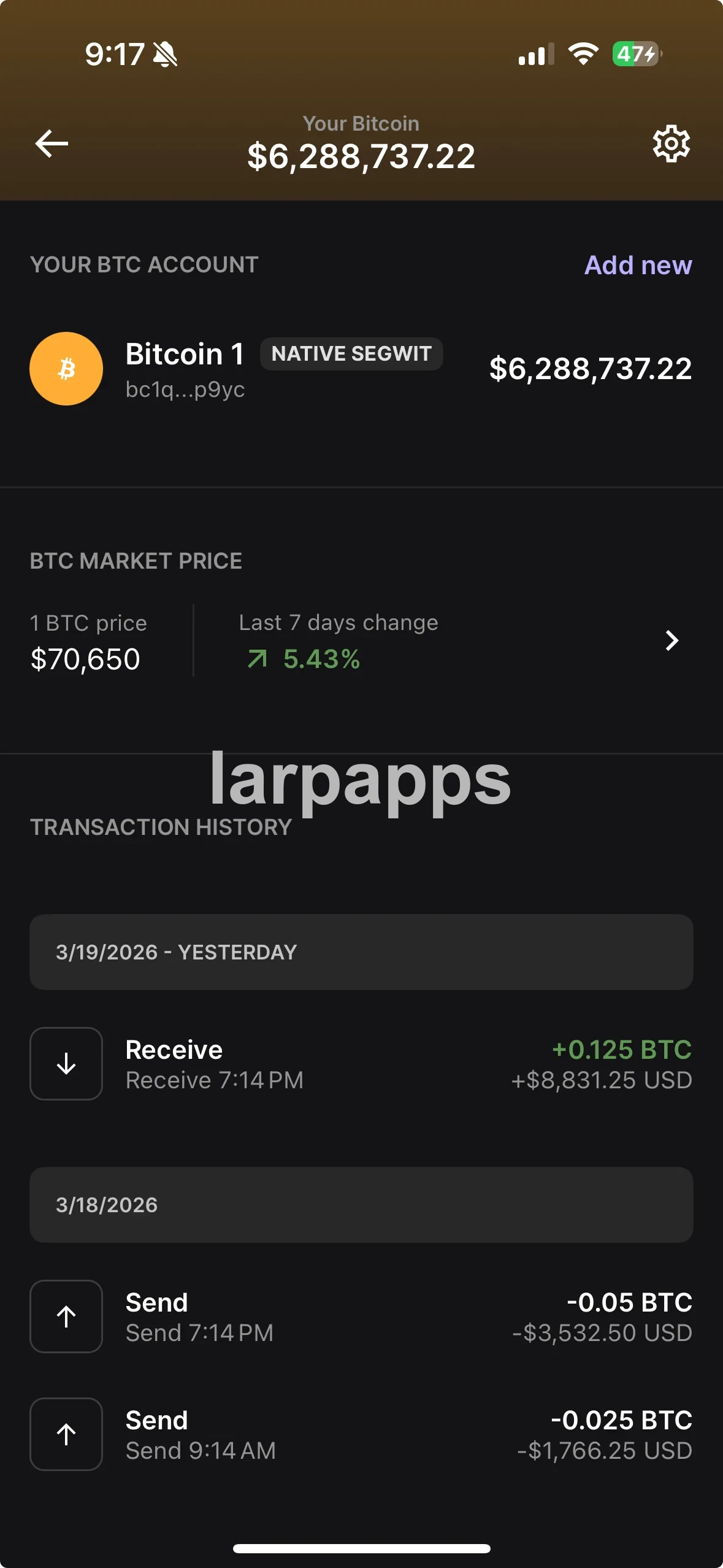 Ledger BTC account history screen preview