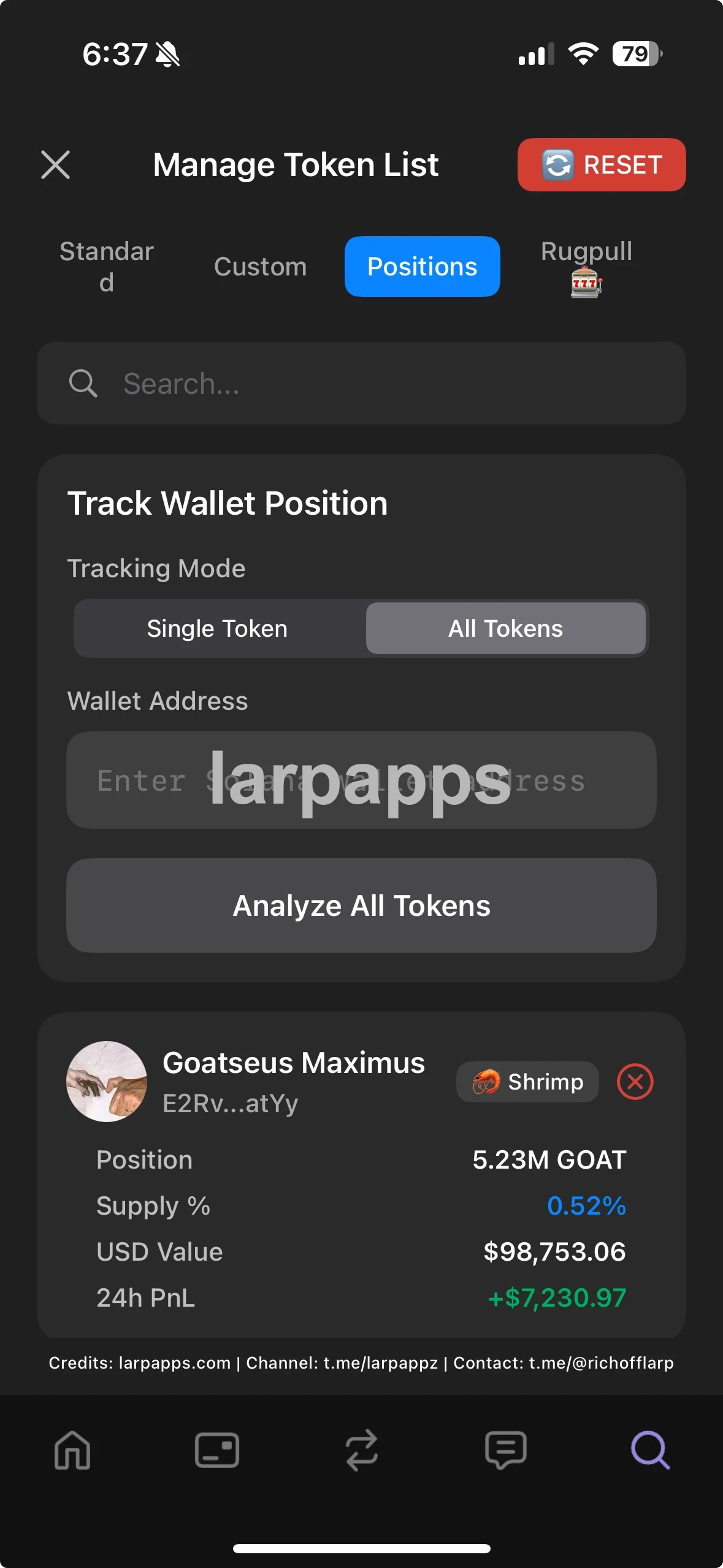 Phantom track wallet position screen preview