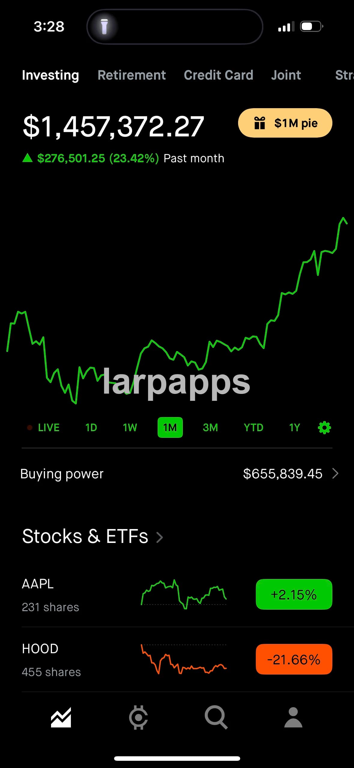 Robinhood investing home screen preview