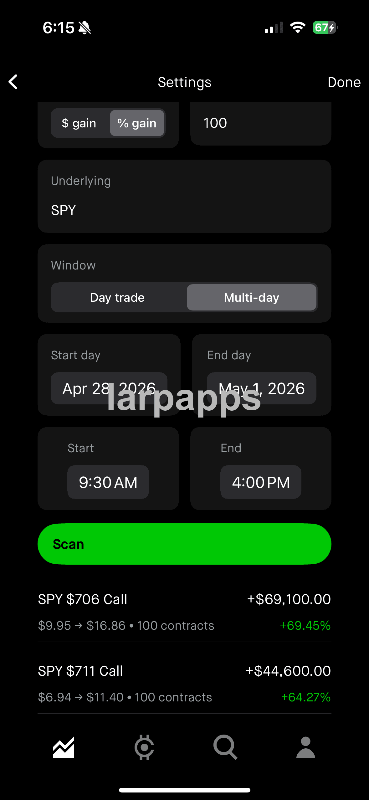 Robinhood options hindsight scanner screen preview